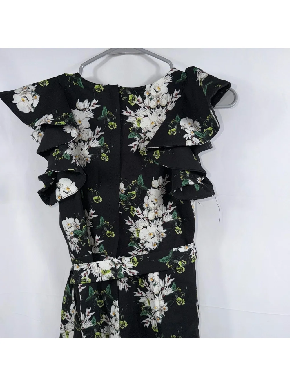 GB Girls Size 12 Black Floral Ruffle Sleeve Belted Romper Jumpsuit